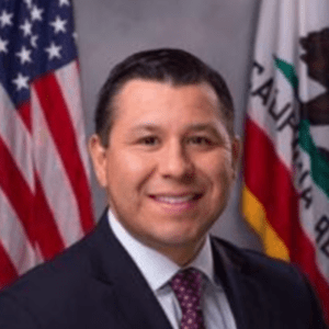 A man in suit and tie next to flags.