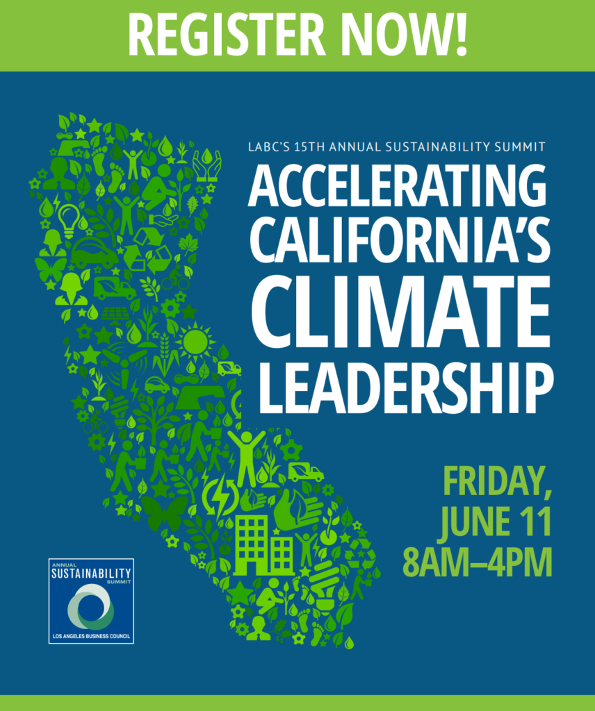 A blue and green map of california with the words " accelerating california 's climate leadership " on it.