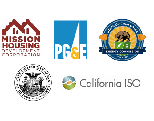 A group of logos that include the california iso, pg & e and mission housing.