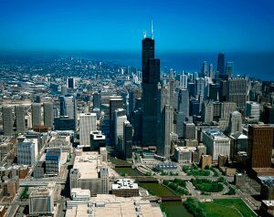 Chicago skyline with Willis Tower and lake
