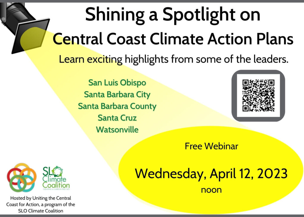A yellow and white poster with the words " shining a spotlight on central coast climate action project ".