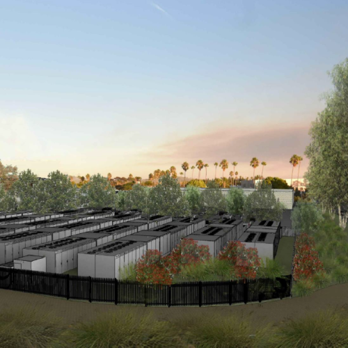 A rendering of the solar array in an area with trees.