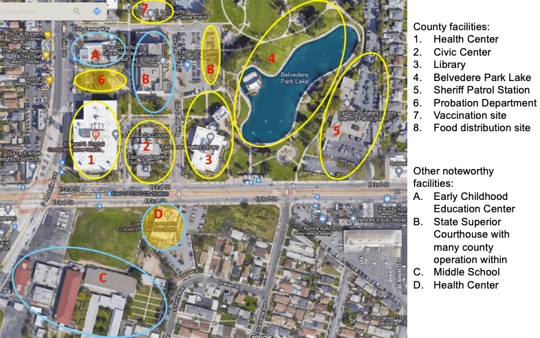 A map of the city with various locations marked.