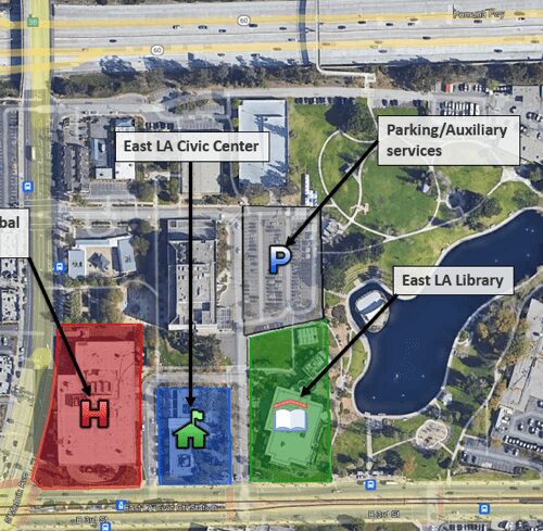 A map of the east la civic center and surrounding areas.