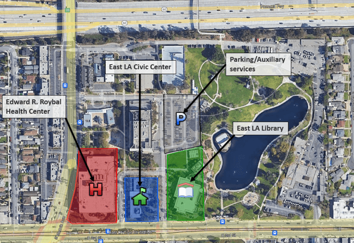 A map of the east la civic center and surrounding areas.