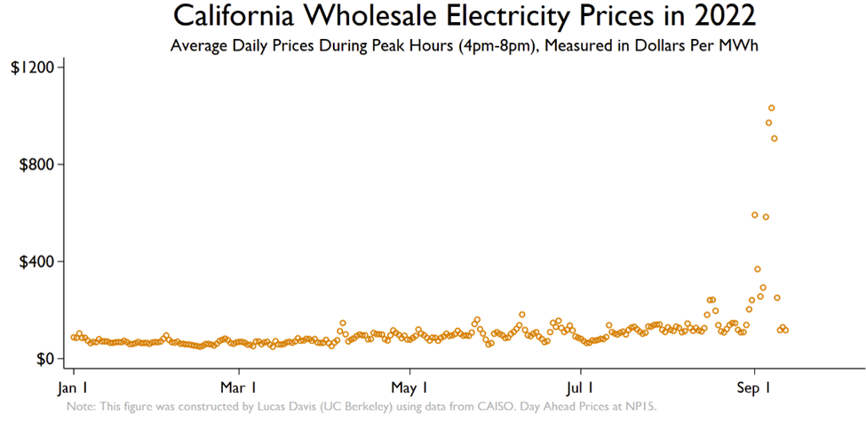 A line graph showing the daily prices for various california wholesale electricity.