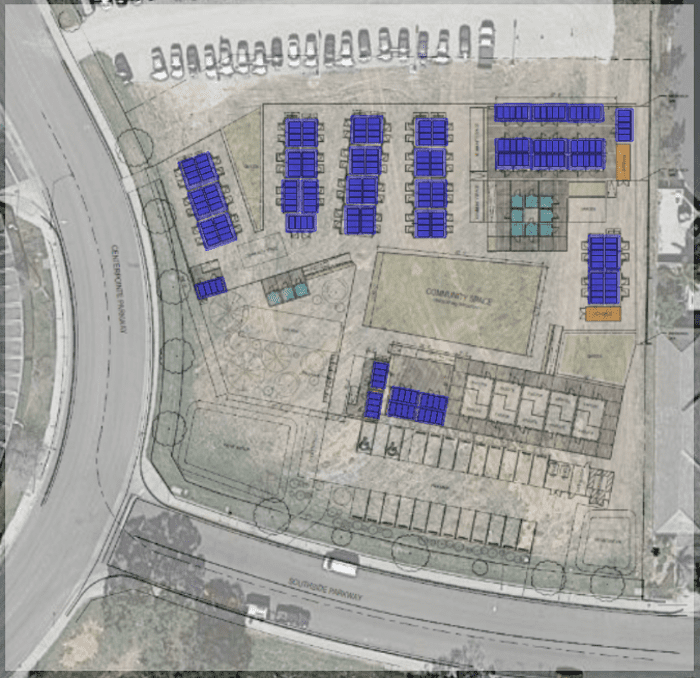 A satellite view of an area with lots of parking.