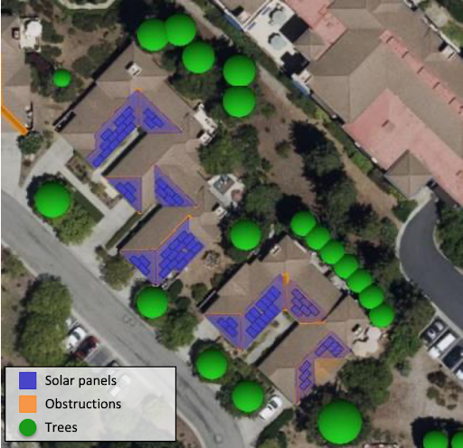 A map of the solar panels and trees in an area.