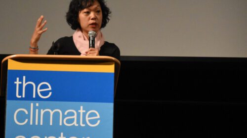 A woman is speaking at an event with a microphone.