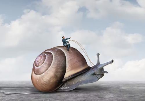 A man riding on the back of a snail.