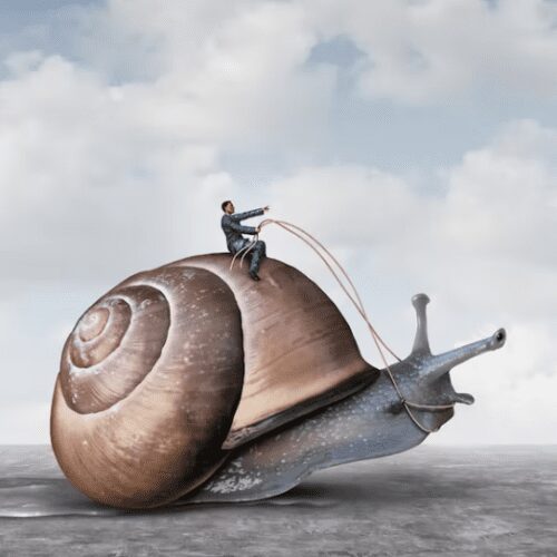 A man riding on the back of a snail.