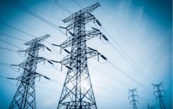 A blurry picture of power lines and towers.