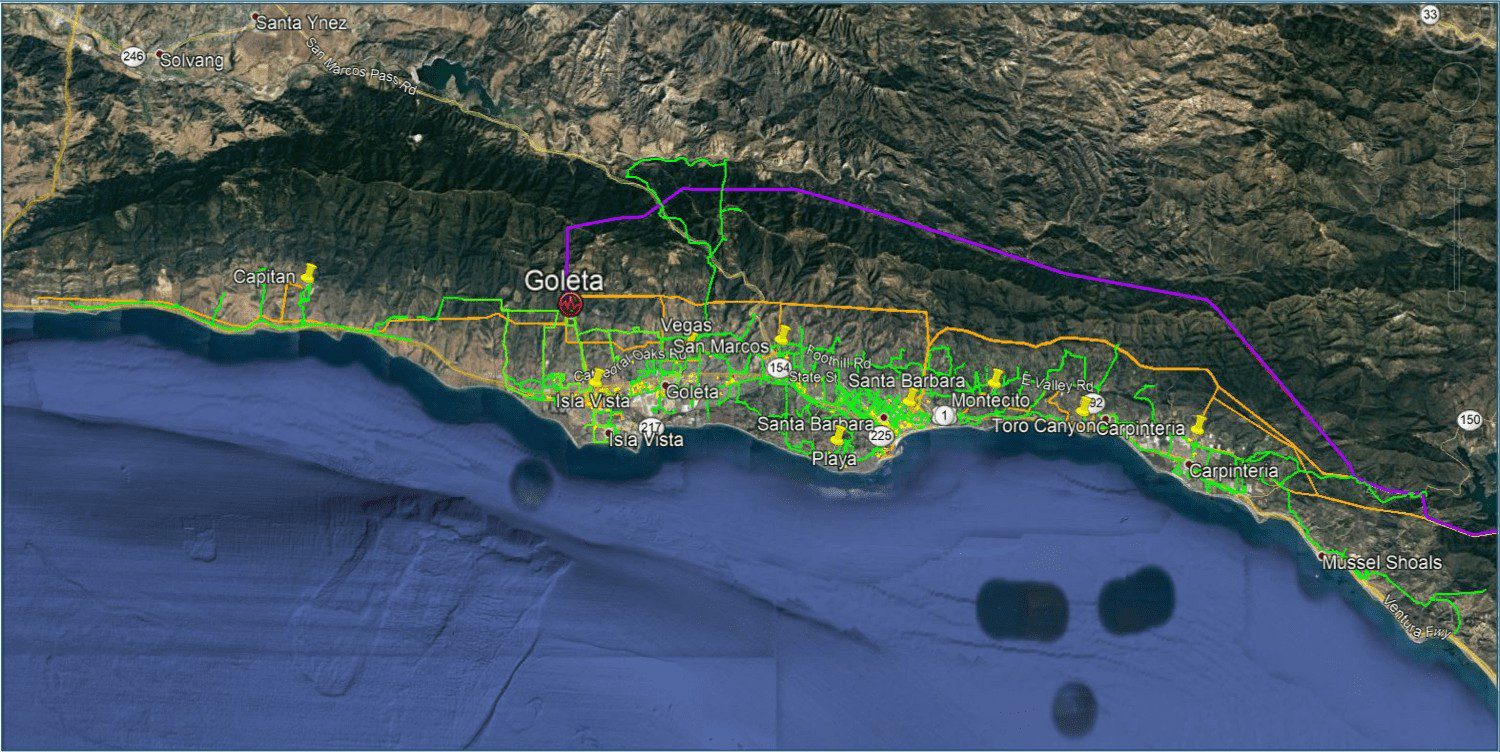 Topographic map showing the coastal and mountainous regions near santa barbara, california, with marked boundaries and city names.