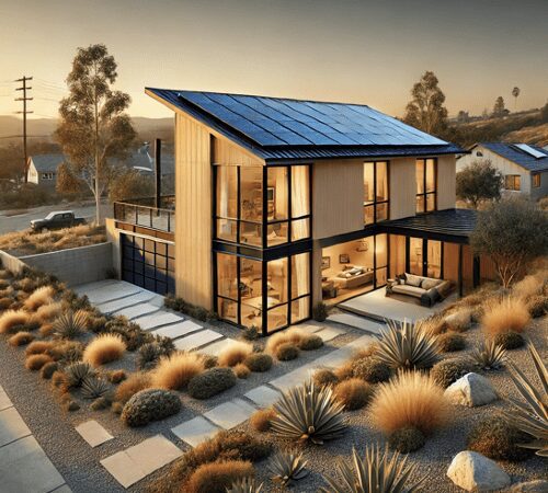 Modern house with solar panels at sunset.