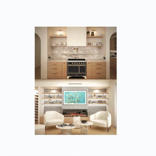 Modern kitchen and cozy living room design.