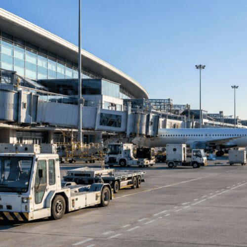 Airplane at airport terminal with ground vehicles