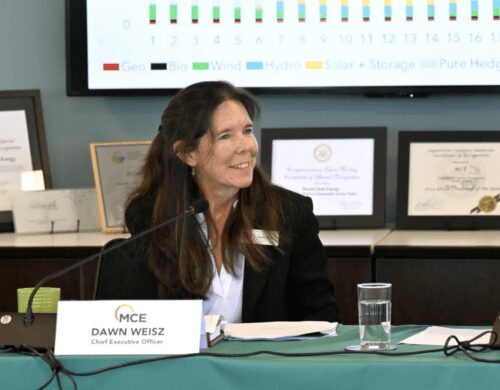 Smiling woman speaking at a conference table