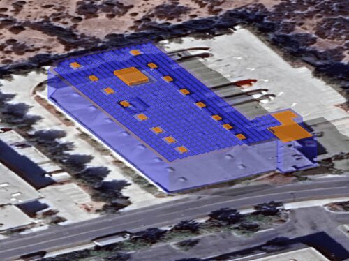Aerial view of building with colored overlays.