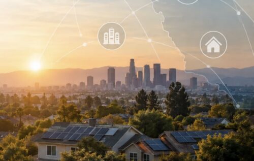 City skyline at sunset with solar rooftops.